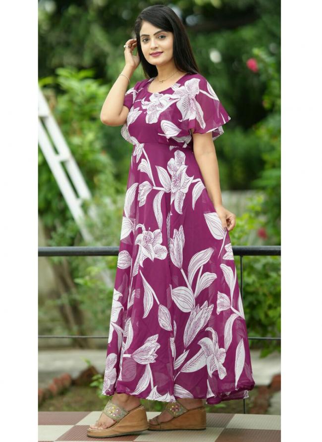 Georgette Magenta Beach Wear Printed Readymade Maxi Dress